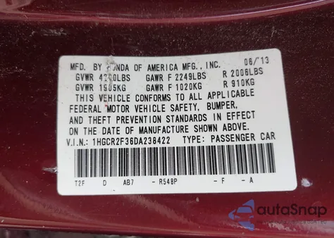 2013 Honda Accord Lx z USA, uszkodzony, nr VIN 1HGCR2F36DA238422